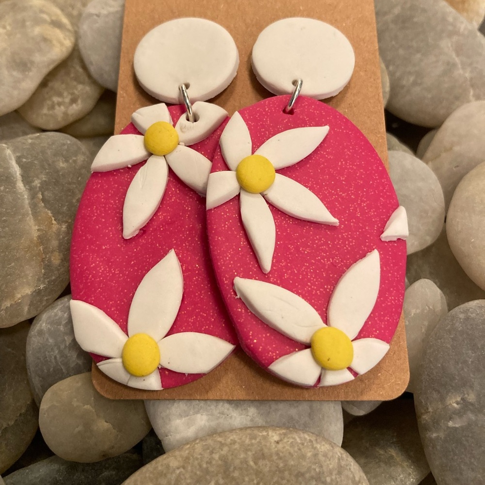 Lightweight Polymer Clay White Floral Earrings with Pink Oval Background